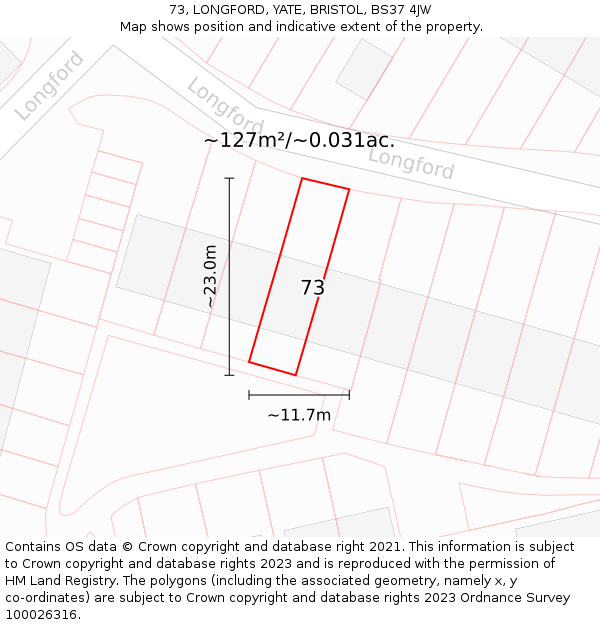 73, LONGFORD, YATE, BRISTOL, BS37 4JW: Plot and title map