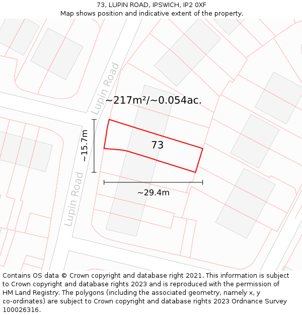 73, LUPIN ROAD, IPSWICH, IP2 0XF: Plot and title map