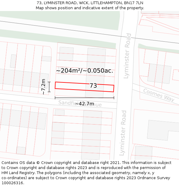 73, LYMINSTER ROAD, WICK, LITTLEHAMPTON, BN17 7LN: Plot and title map