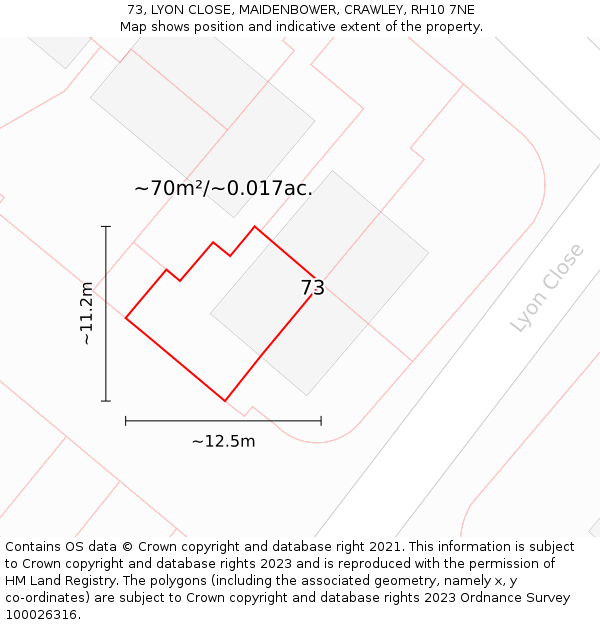 73, LYON CLOSE, MAIDENBOWER, CRAWLEY, RH10 7NE: Plot and title map