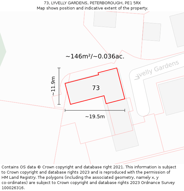 73, LYVELLY GARDENS, PETERBOROUGH, PE1 5RX: Plot and title map