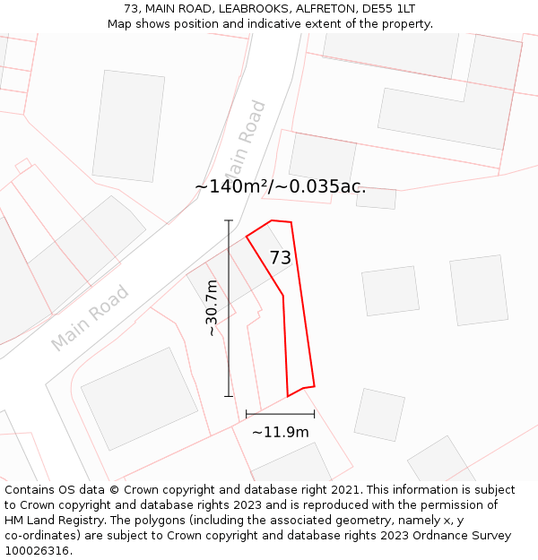 73, MAIN ROAD, LEABROOKS, ALFRETON, DE55 1LT: Plot and title map