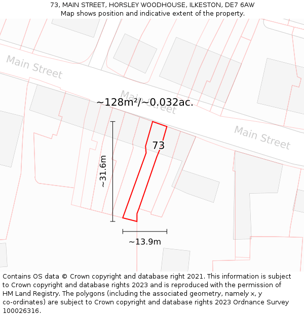 73, MAIN STREET, HORSLEY WOODHOUSE, ILKESTON, DE7 6AW: Plot and title map