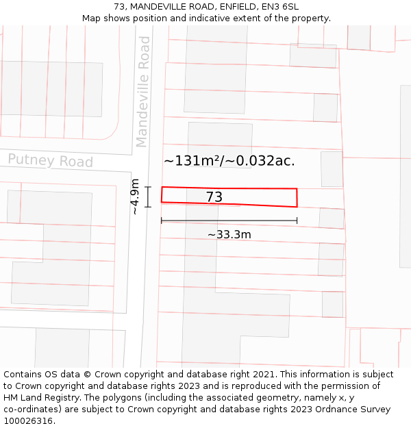 73, MANDEVILLE ROAD, ENFIELD, EN3 6SL: Plot and title map