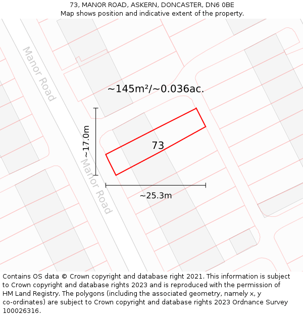 73, MANOR ROAD, ASKERN, DONCASTER, DN6 0BE: Plot and title map