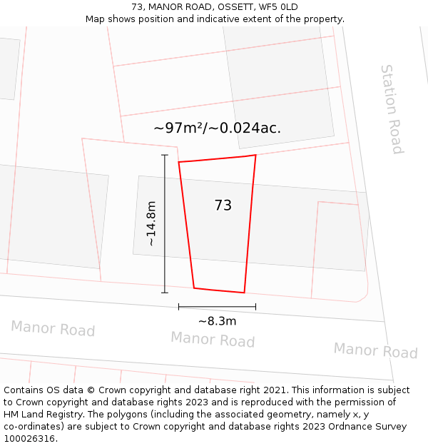 73, MANOR ROAD, OSSETT, WF5 0LD: Plot and title map