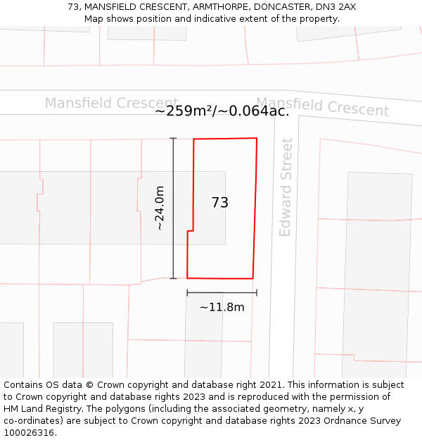 73, MANSFIELD CRESCENT, ARMTHORPE, DONCASTER, DN3 2AX: Plot and title map