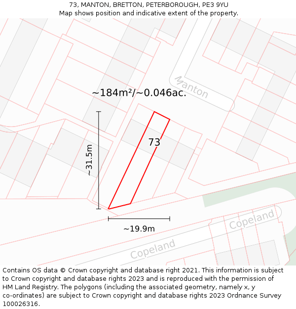 73, MANTON, BRETTON, PETERBOROUGH, PE3 9YU: Plot and title map