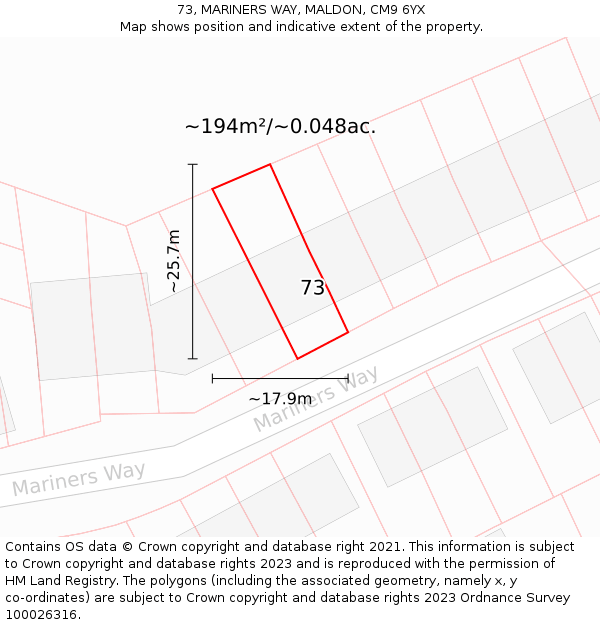 73, MARINERS WAY, MALDON, CM9 6YX: Plot and title map