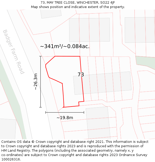 73, MAY TREE CLOSE, WINCHESTER, SO22 4JF: Plot and title map