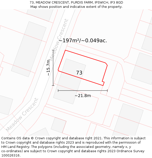 73, MEADOW CRESCENT, PURDIS FARM, IPSWICH, IP3 8GD: Plot and title map