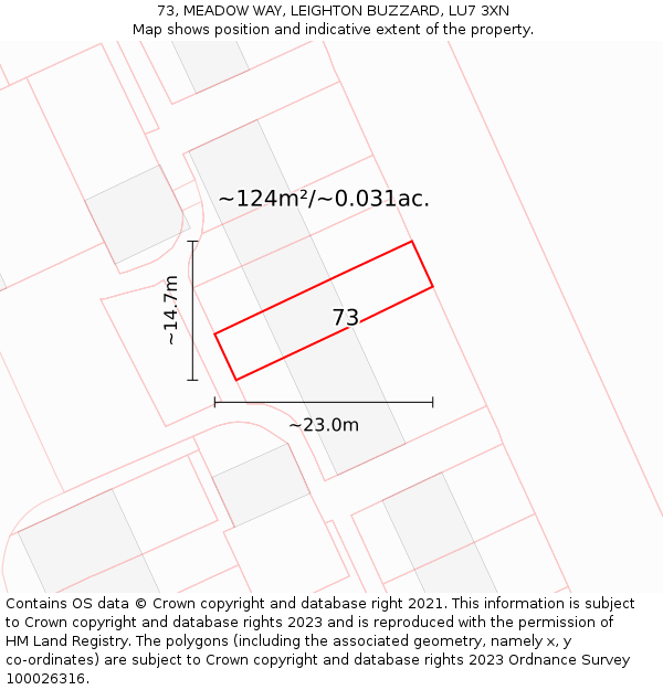 73, MEADOW WAY, LEIGHTON BUZZARD, LU7 3XN: Plot and title map