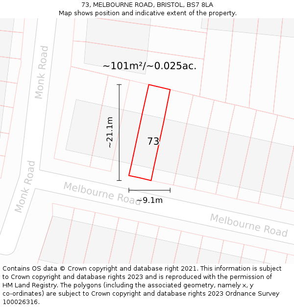 73, MELBOURNE ROAD, BRISTOL, BS7 8LA: Plot and title map