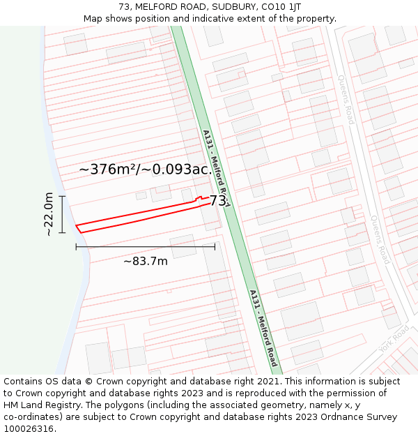 73, MELFORD ROAD, SUDBURY, CO10 1JT: Plot and title map