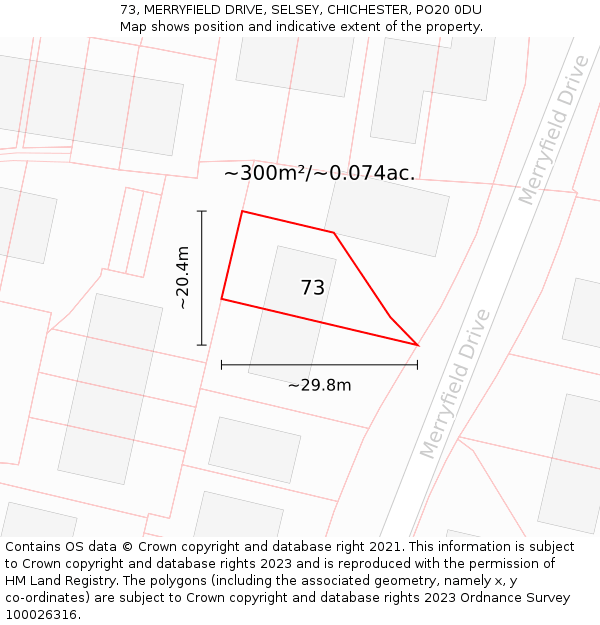 73, MERRYFIELD DRIVE, SELSEY, CHICHESTER, PO20 0DU: Plot and title map