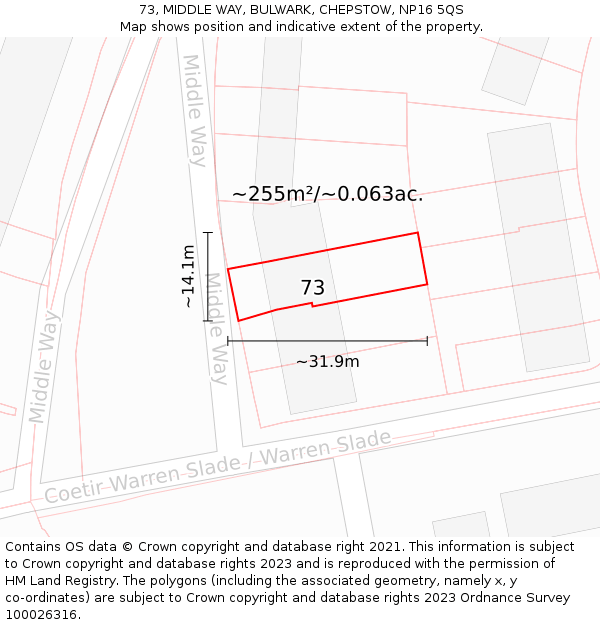 73, MIDDLE WAY, BULWARK, CHEPSTOW, NP16 5QS: Plot and title map
