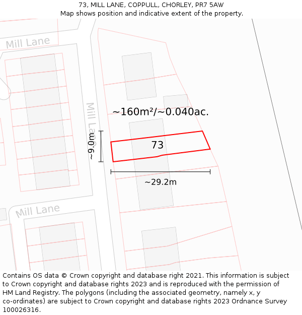 73, MILL LANE, COPPULL, CHORLEY, PR7 5AW: Plot and title map