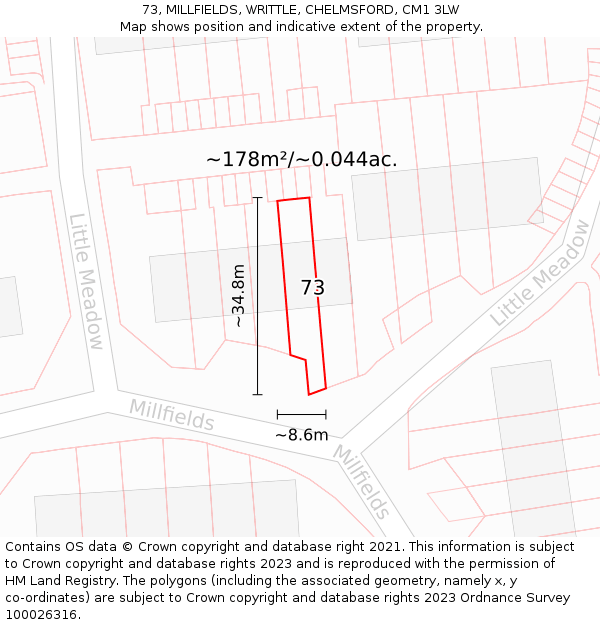 73, MILLFIELDS, WRITTLE, CHELMSFORD, CM1 3LW: Plot and title map