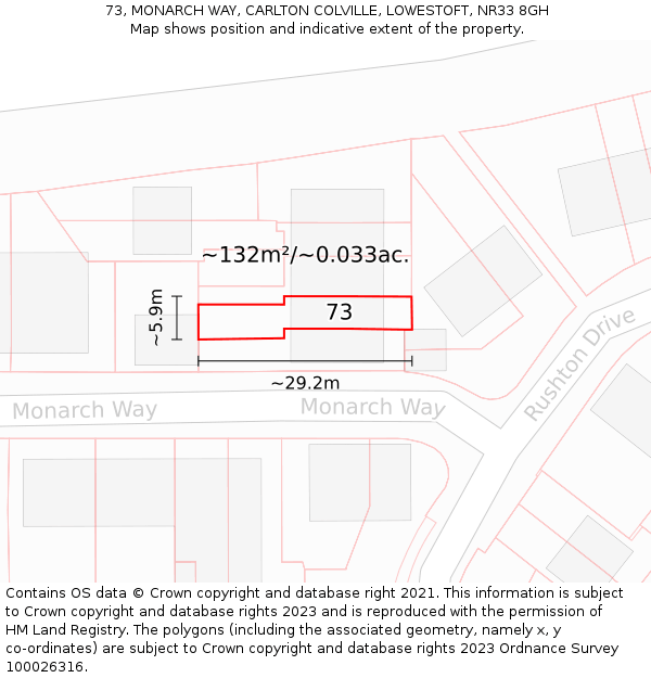 73, MONARCH WAY, CARLTON COLVILLE, LOWESTOFT, NR33 8GH: Plot and title map