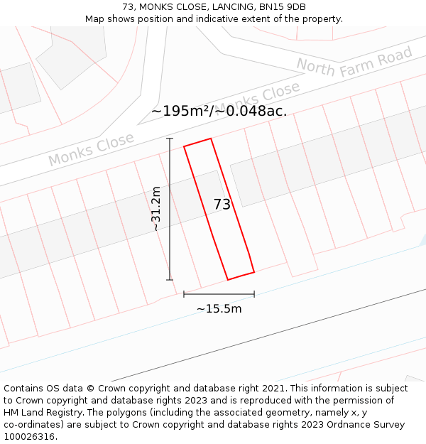 73, MONKS CLOSE, LANCING, BN15 9DB: Plot and title map