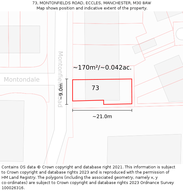 73, MONTONFIELDS ROAD, ECCLES, MANCHESTER, M30 8AW: Plot and title map