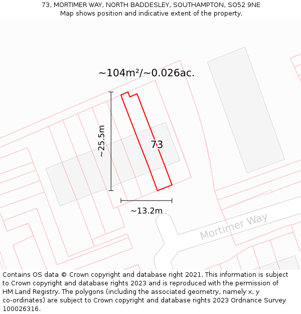 73, MORTIMER WAY, NORTH BADDESLEY, SOUTHAMPTON, SO52 9NE: Plot and title map