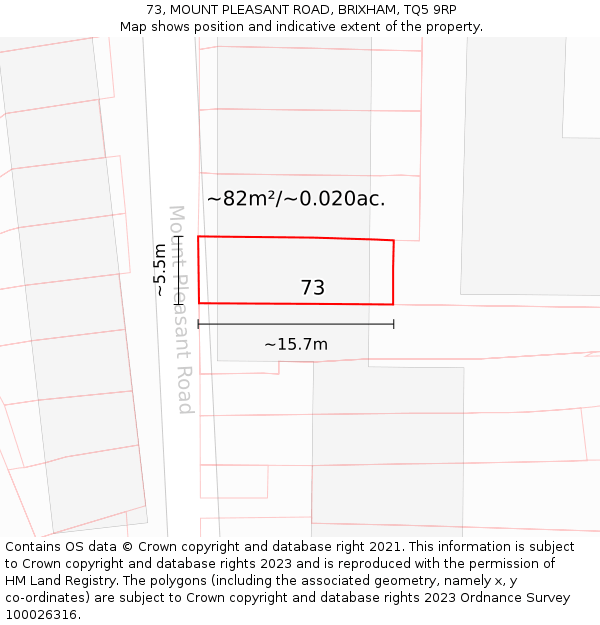 73, MOUNT PLEASANT ROAD, BRIXHAM, TQ5 9RP: Plot and title map