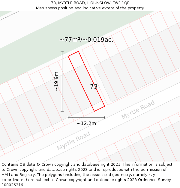 73, MYRTLE ROAD, HOUNSLOW, TW3 1QE: Plot and title map