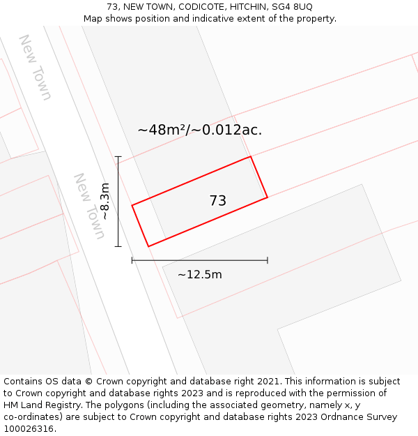 73, NEW TOWN, CODICOTE, HITCHIN, SG4 8UQ: Plot and title map