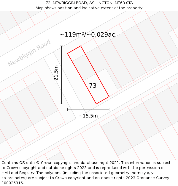 73, NEWBIGGIN ROAD, ASHINGTON, NE63 0TA: Plot and title map