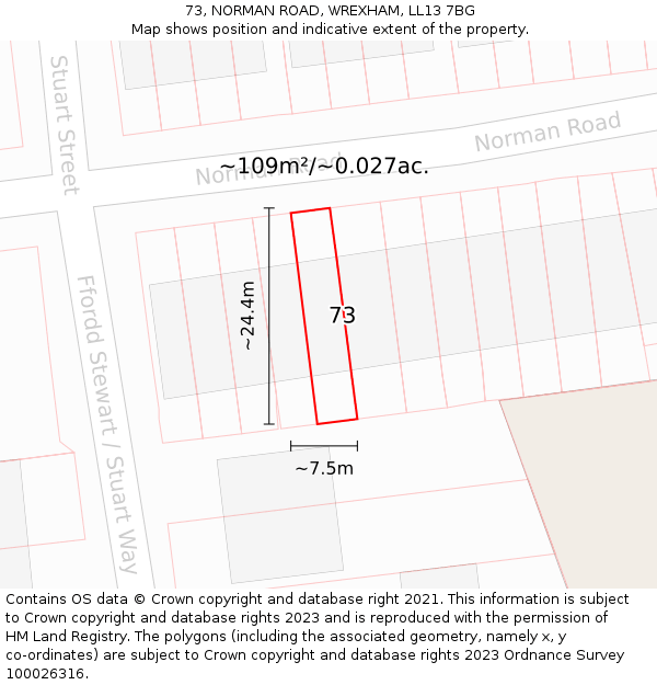 73, NORMAN ROAD, WREXHAM, LL13 7BG: Plot and title map