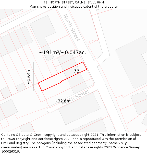 73, NORTH STREET, CALNE, SN11 0HH: Plot and title map