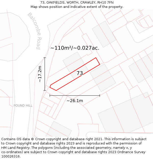 73, OAKFIELDS, WORTH, CRAWLEY, RH10 7FN: Plot and title map