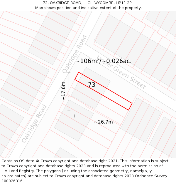 73, OAKRIDGE ROAD, HIGH WYCOMBE, HP11 2PL: Plot and title map
