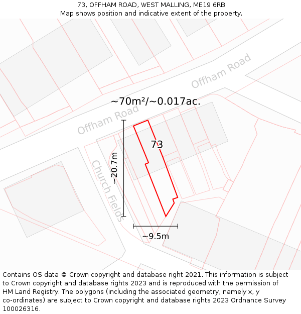 73, OFFHAM ROAD, WEST MALLING, ME19 6RB: Plot and title map