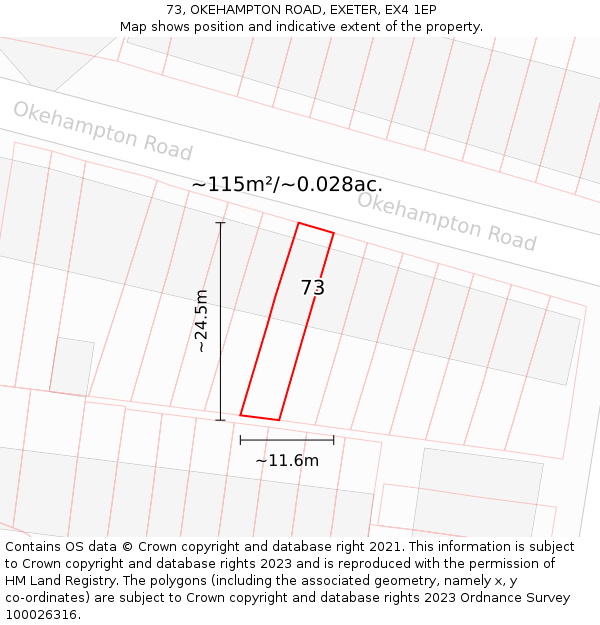 73, OKEHAMPTON ROAD, EXETER, EX4 1EP: Plot and title map