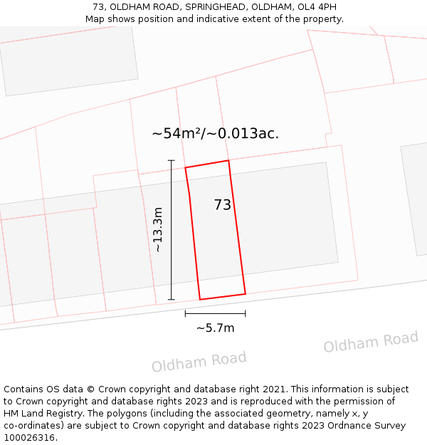73, OLDHAM ROAD, SPRINGHEAD, OLDHAM, OL4 4PH: Plot and title map
