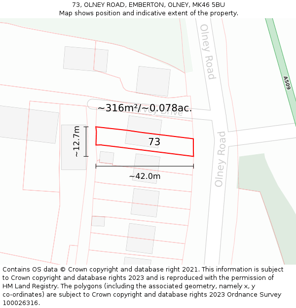 73, OLNEY ROAD, EMBERTON, OLNEY, MK46 5BU: Plot and title map