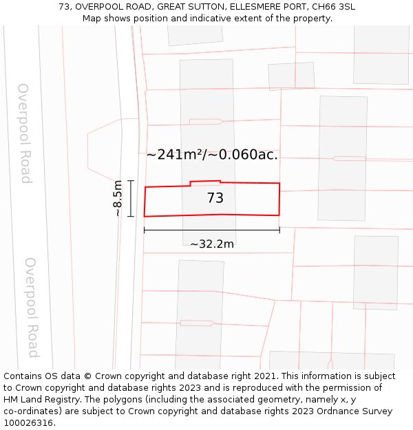 73, OVERPOOL ROAD, GREAT SUTTON, ELLESMERE PORT, CH66 3SL: Plot and title map