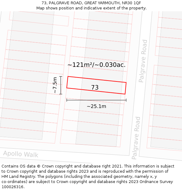 73, PALGRAVE ROAD, GREAT YARMOUTH, NR30 1QF: Plot and title map