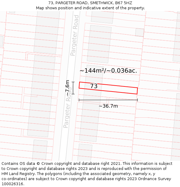 73, PARGETER ROAD, SMETHWICK, B67 5HZ: Plot and title map