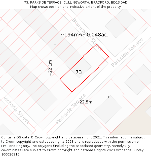 73, PARKSIDE TERRACE, CULLINGWORTH, BRADFORD, BD13 5AD: Plot and title map