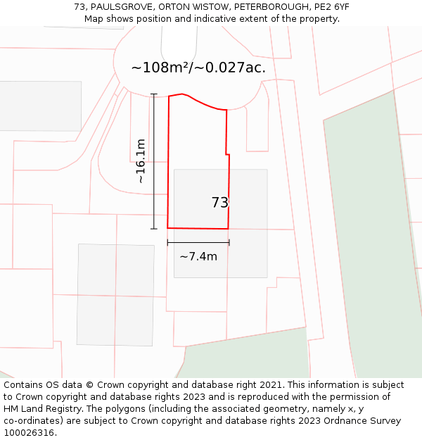 73, PAULSGROVE, ORTON WISTOW, PETERBOROUGH, PE2 6YF: Plot and title map