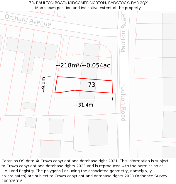 73, PAULTON ROAD, MIDSOMER NORTON, RADSTOCK, BA3 2QX: Plot and title map