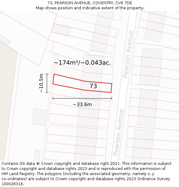 73, PEARSON AVENUE, COVENTRY, CV6 7DE: Plot and title map