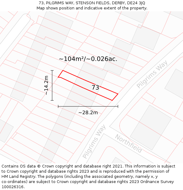 73, PILGRIMS WAY, STENSON FIELDS, DERBY, DE24 3JQ: Plot and title map