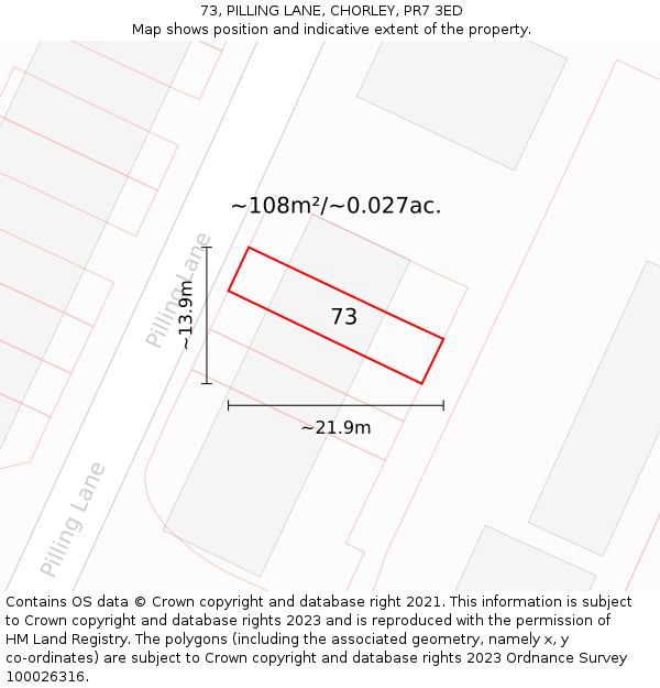 73, PILLING LANE, CHORLEY, PR7 3ED: Plot and title map