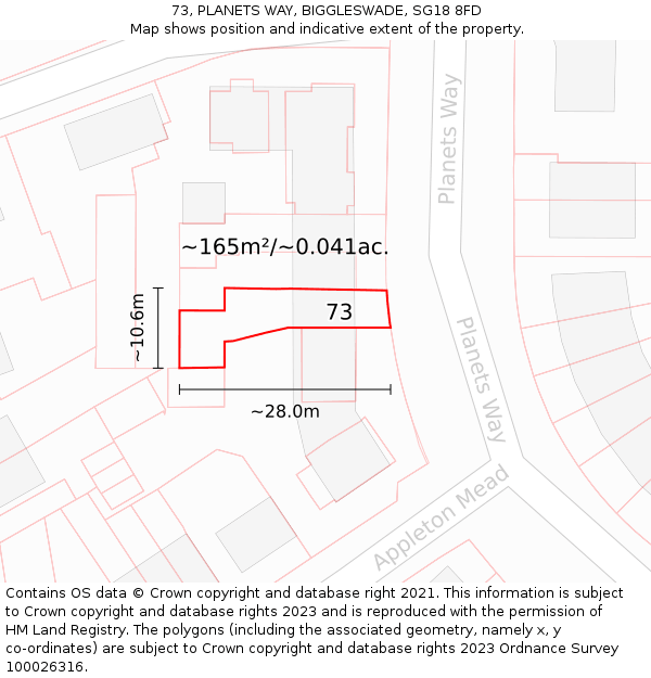 73, PLANETS WAY, BIGGLESWADE, SG18 8FD: Plot and title map