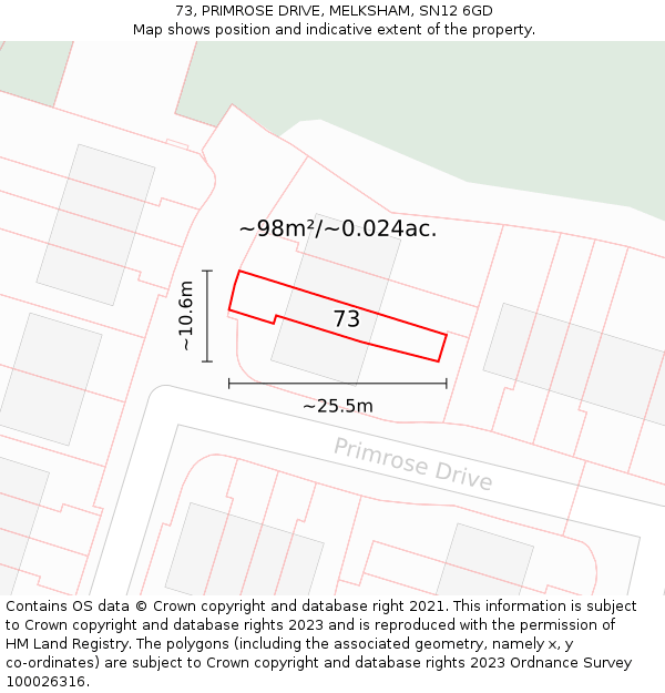 73, PRIMROSE DRIVE, MELKSHAM, SN12 6GD: Plot and title map