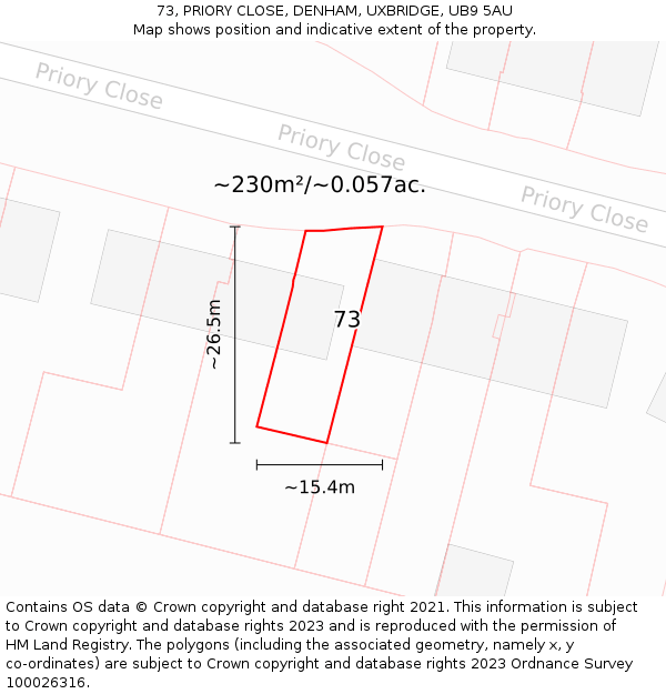 73, PRIORY CLOSE, DENHAM, UXBRIDGE, UB9 5AU: Plot and title map